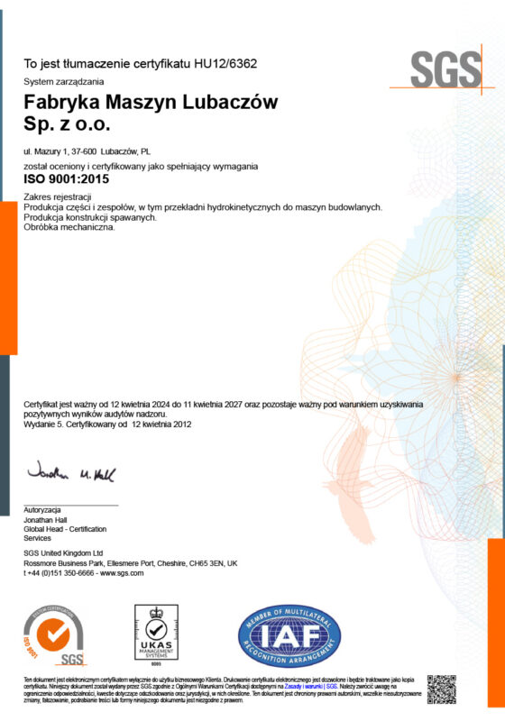Fabryka Maszyn Lubaczów Sp. z o.o. - Certyfikat ISO