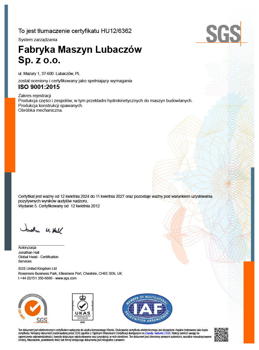 Fabryka Maszyn Lubaczów Sp. z o.o. - Certyfikat ISO Fabryka Maszyn Lubaczów Sp. z o.o. - Certyfikat ISO